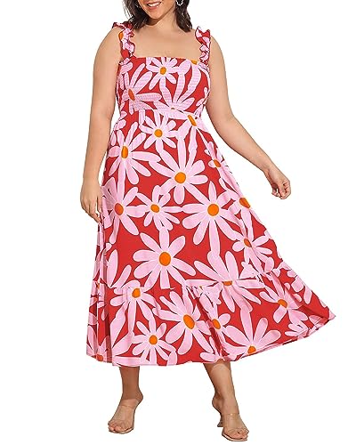 Image of Plus Size Summer Dress - Sun Boho Beach Casual Floral Spaghetti Strap Sleeveless Long Maxi Dresses