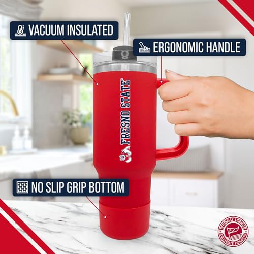 Image of Campus Colors College & University 40 oz Travel Tumbler With Handle - Dual Option Lid With Straw - Vacuum Insulated Stainless Steel (Fresno State Bulldogs - Red)