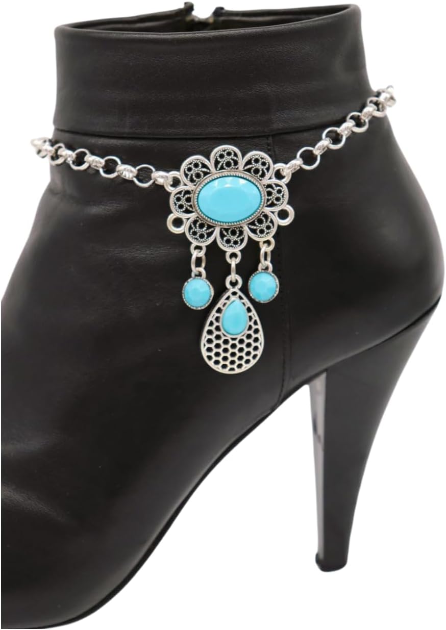 Women Silver Metal Boot Chain Bracelet Shoe Anklet Turquoise Blue Flower Charm Ethnic Fashion Jewelry z031