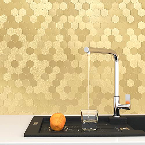 BeNice Peel and Stick Backsplash Hexagon for Kitchen 3D Adhesive Metal Wall Tile Stickers 10pcs Gold