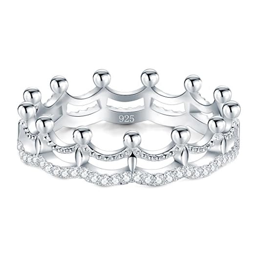 BORUO 925 Sterling Silver Ring, Cubic Zirconia Princess Crown Tiara Wedding Cz Band Eternity Ring Size 6