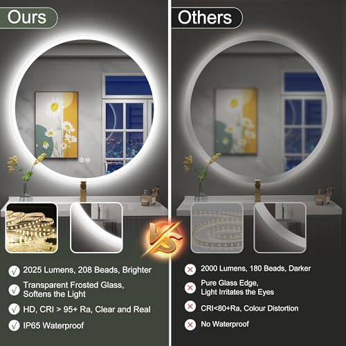 S’bagno Round Bathroom Mirror with LED Lights 600mm, LED Bathroom Mirror Wall Mounted, Anti-Fog, 3000K-6500K, Dimmable, HD Tempered Glass, Memory, IP44 Waterproof - Image 3