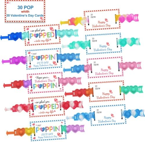 30pcs Valentines Day Gifts for Kids .Valentines Day Cards for Kids classroom School .Heart POP Bracelets and valentines day cards .Valentine's Classroom Exchange Cards and Kids Party Favors.Valentines goody bag filler.