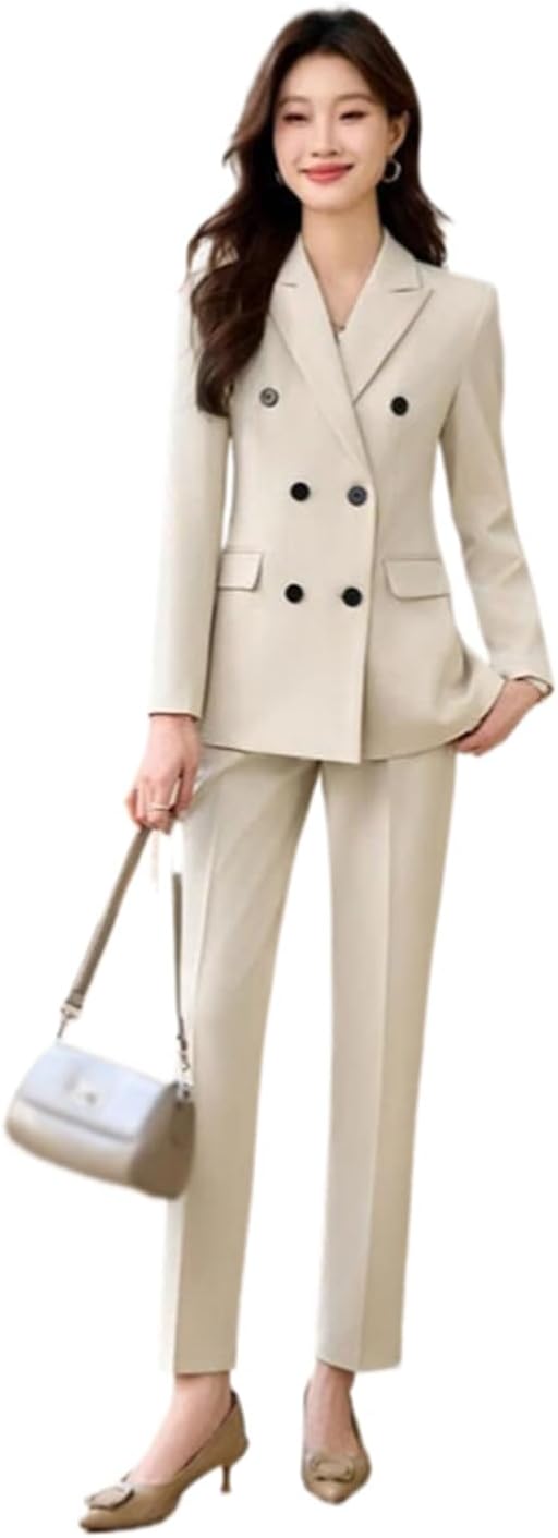 Women's Suit Double Breasted Blazer Trouser 2-Piece Set Office Workwear for Professional Ladies