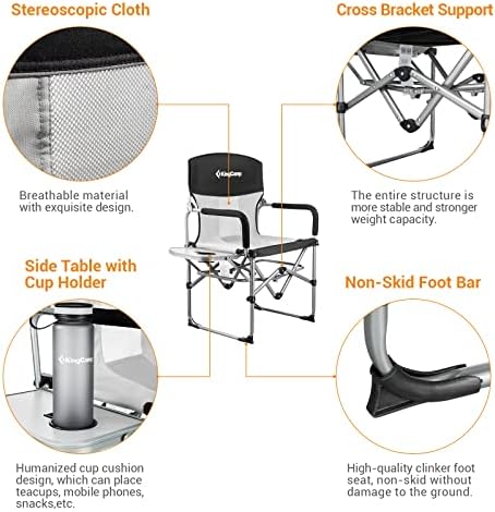 KingCamp Directors Chair Folding Camping Chairs for Adults with Side Table 23in Wide Seat for Garden Picnic Outdoor Supports up to 300LBS