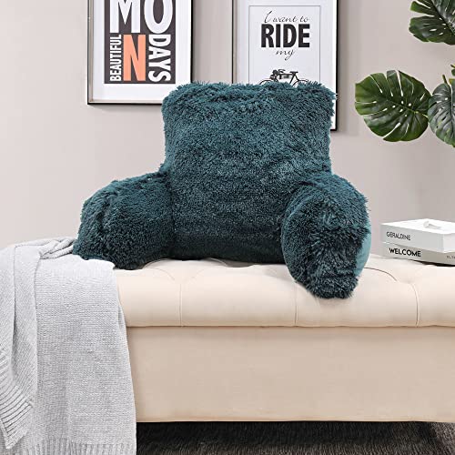 Bytide Plush Fluffy Shaggy Faux Fur Assembly Needed Diy Backrest Reading Bed Rest Pillow With Arms For Sitting In Bed Couch Sofa, Removable Cover And Filling Seprated Set, 20" X 18" X 17", Dark Teal #TOP2