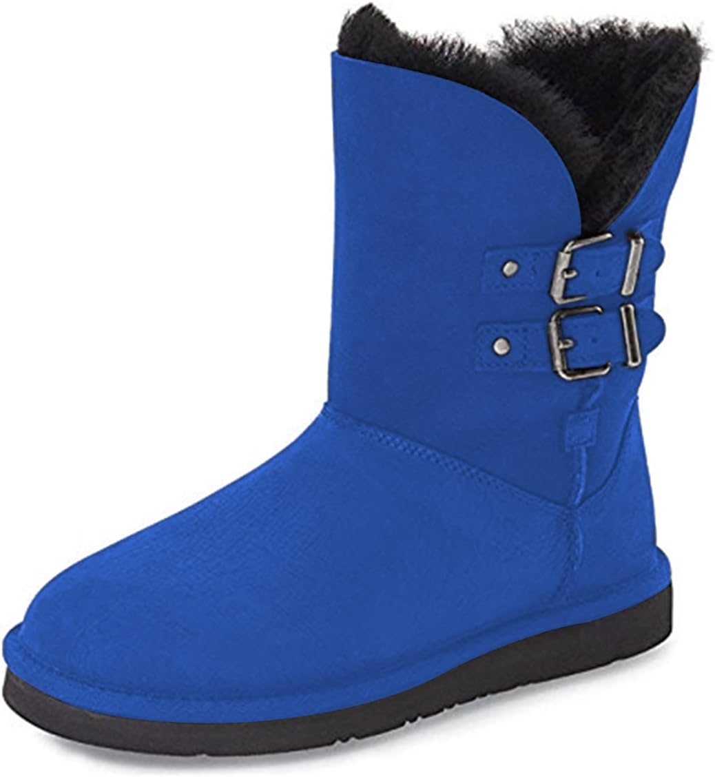 FSJ Women's Mid Calf Fully Fur Lined Winter Snow Boot with Chic Buckles Flat Shoe 4-15 US
