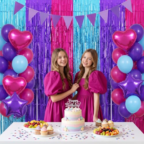 Image of TONIFUL 2Pcs Blue Purple Pink Metallic Tinsel Foil Fringe Curtain Streamer | 3.3ftx6.6ft Photo Booth Backdrop Door Streamer for Sweet 16 Baby Shower Easter Princess Themed Birthday Party Decorations