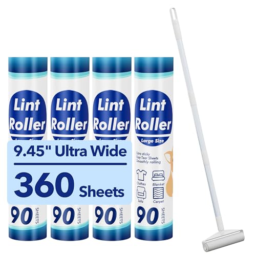 Large Lint Rollers for Carpet, 9.45'' Sticky Rollers for Floor with 360 Sheets, Extendable Long...