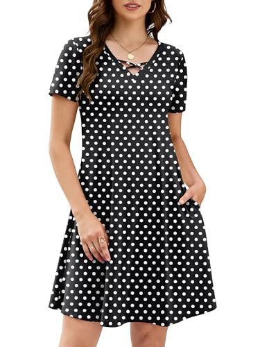 Image of KORSIS Women's Dresses Summer Casual T-Shirt Short Sleeve Criss Cross V Neck Swing Beach Vacation Sundress Dress with Pockets