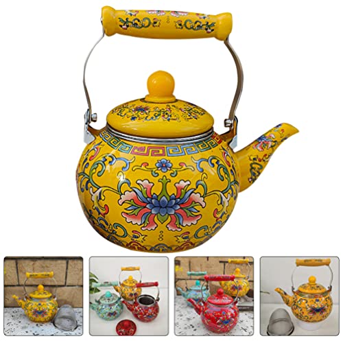 Doitool Ceramic Enamel Tea Kettle 2.2L Large Porcelain Enameled Teakettle Floral Teapot For Stovetop Hot Water Kettle Pot Enamel On Steel Tea Kettle With Infuser No Whistling Yellow #TOP2