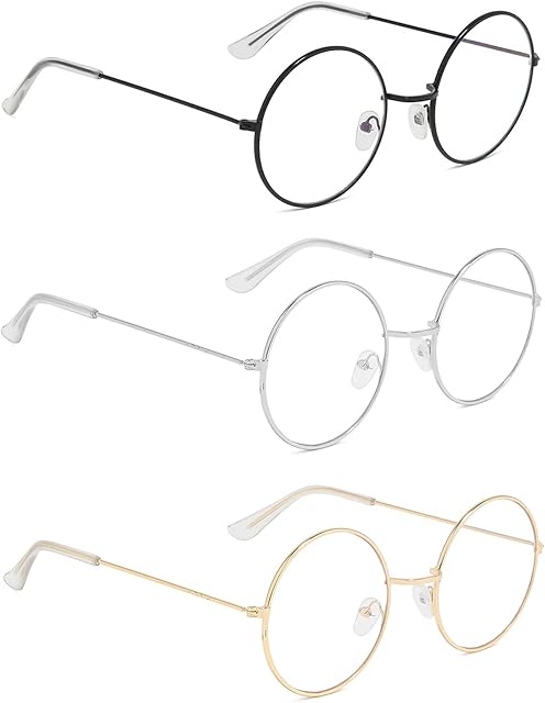 Metal Frame Round Eyeglasses Retro Metal Clear Lens Glasses, Unisex, Black, Gold, Silver Color, 3 Pairs