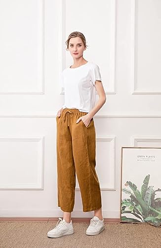 Mordenmiss Women's Linen Drawstring Pants Wide Leg Elastic Waist Cropped Pants Trousers (Xxl, Coffee) #TOP1
