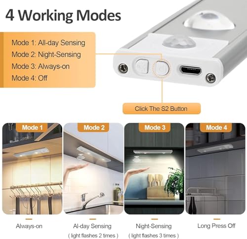 Image of FLYNGO Motion Sensor Under Cabinet LED Light, 3 Color Modes Closet Light with Stepless Dimming for Kitchen, Cabinet, Wardrobe, Bedroom, Cupboard (20CM - Pack of 1)