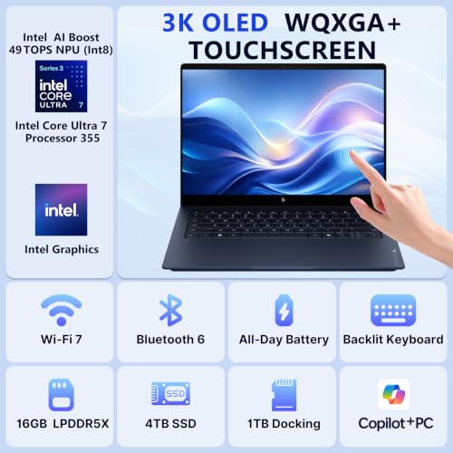 Image of HP OmniBook X (Previously Elitebook X) 14 inch 3K OLED 120Hz Touchscreen Laptop, Intel Core Ultra 7 355(49 AI Tops), 16GB RAM, 5TB Storage (4TB SSD+1TB Docking Station), Backlit Keyboard, Win 11 Pro, Blue