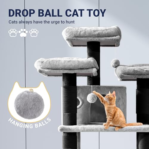 Image of Allewie 68 Inches Cat Tree /House and Towers for Big Feline /Scratching Post /Multi-Level Large Kitty Climbing Tree with Condo /Black & Grey