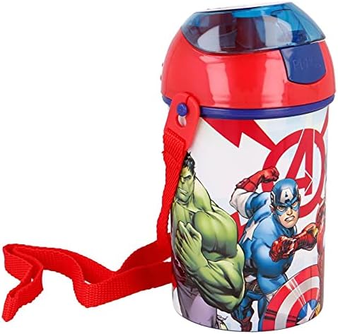 Avengers Pop Up Water Bottle Drink Bottle Flask with Neck Cord for Easy Carry School Lunch Kids Childrens 450ml Includes Avengers Keychain
