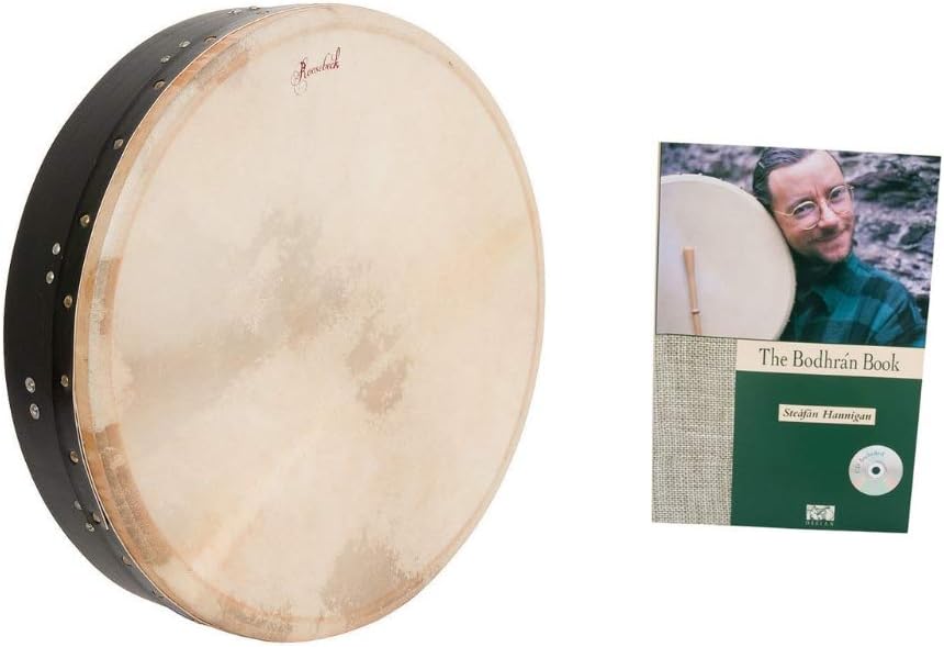 Roosebeck Bodhran Wood Frame Drum Package Includes: T-bar Inside Tunable Drum W/Tipper, Black Irish Celtic + Drum Book & CD by Steafan Hannigan