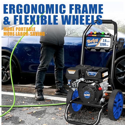 TOOLCY 3200 PSI Gas Pressure Washer, 2.6 GPM Gas Powered Power Washer Reinforced Pump & 209cc OHV Engine, 35FT Pressure Hose, Quick Connect Swivel Pressure Gun, 5 Nozzles for Homes (No Soap Tank)