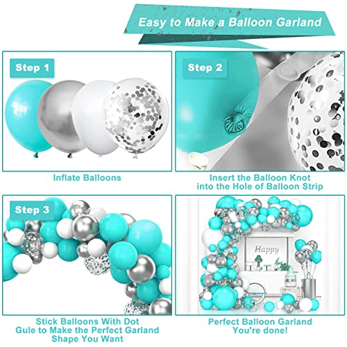 Olfantao 122Pcs Teal Balloons Garland Arch Kit, Teal Turquoise Blue White Metallic Silver And Confetti Balloons With Balloon Strip For Graduation Anniversary Birthday Party Decorations #TOP6