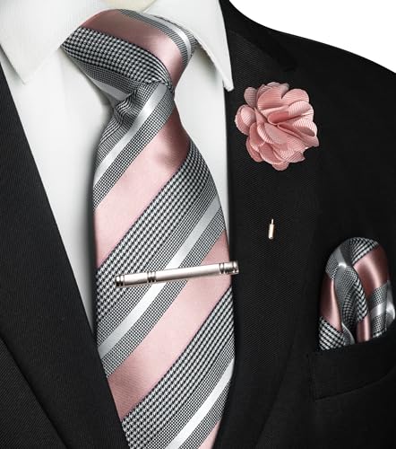 Image of JEMYGINS Mens Striped Tie and Lapel Pin Necktie Pocket Square and Tie Clip Sets for Business Casual 4PCS