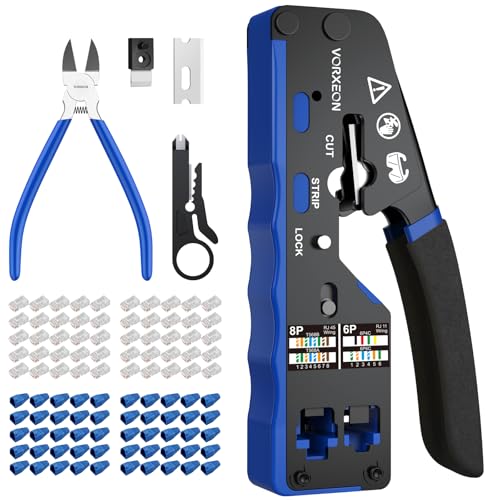 Pinza Crimpatrice RJ45 di Rete Ethernet per Cavo Rete CAT5/CAT5E/CAT6/CAT6A/CAT7, Kit Strumento Crimpatura 8P+6P con 50PCS Connettori RJ45 Cat6, 50PCS Coperture di Protettive, 1PCS Tagliacavi