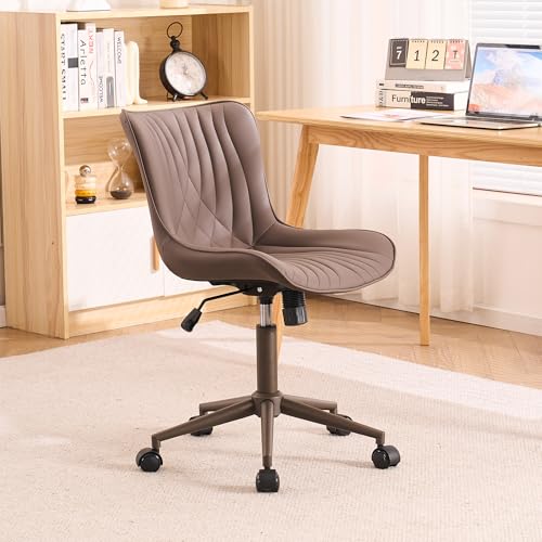 Image of YOUTASTE Armless Office Desk Chair with Wheels, Adjustable Swivel Vanity Chair, PU Leather Upholstered, Ergonomic Back Support, Modern All Brown Computer Chair for Home Office, Bedroom, Study