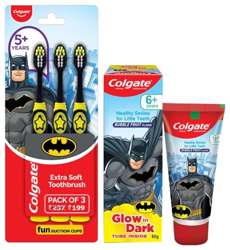 Image of Colgate Kids Batman Manual Toothbrush(Pack of 3,Multicolor) & Colgate Batman Anticavity Toothpaste For Kids - 80g (Bubble Fruit Flavour)