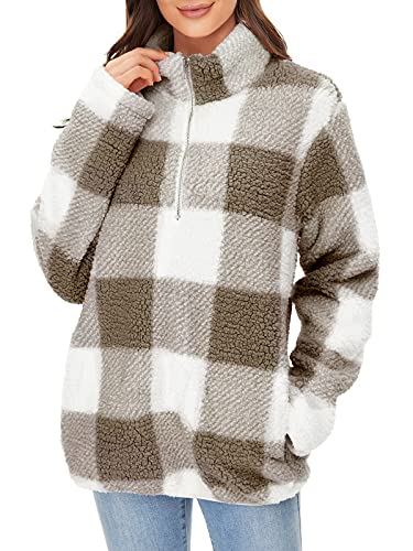 Image of Womens Fuzzy Plaid Jacket Warm Fleece Sherpa Sweatshirts Quarter Zip Pullover Soft Fluffy Long Sleeve Oversized Coat Winter, Khaki, Large