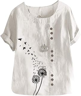Camiseta de manga corta para mujer, de algodón y lino, con cuello redondo, para mujer