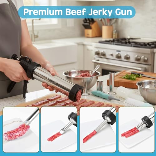 2LB-Stainless Steel Jerky Gun Kit – Beef Jerky Maker, Sausage Stuffer, Meat Gun with 5 Nozzles, Meat Pusher & Cleaning Brushes – Ground Meat Jerky Shooter, Meat Grinder, Jerky Kit, Beef Jerky Gun