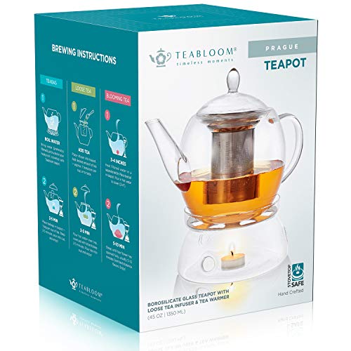 Teabloom Prague Glass Tea Maker & Warmer Set – Large Capacity (45 Oz) – Heatproof Borosilicate Glass Teapot With Removable Stainless Steel Loose Tea Infuser – Stovetop Safe Kettle #TOP5