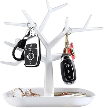 OULIGET Tabletop Key Holder Stand Tree Key Rack,Stand Jewelry Display Necklace Ring Earring Holder Rack,Jewelry Organizer Tray Home Decor for Home Entryway White