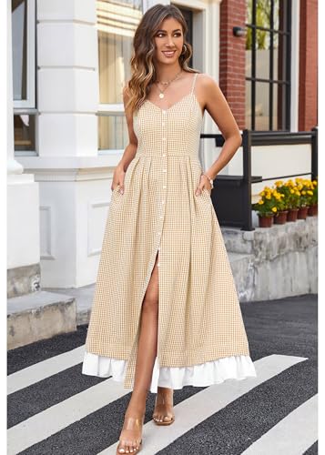 image for Angashion Women's Dresses-Summer Floral Bohemian Spaghetti Strap Butto