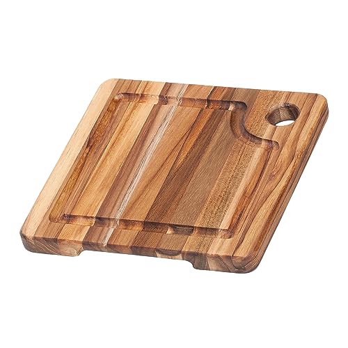 Tábua de corte de teca - Tábua quadrada com furo de canto e canal de suco (20 x 20 x 1,95 cm) - da T