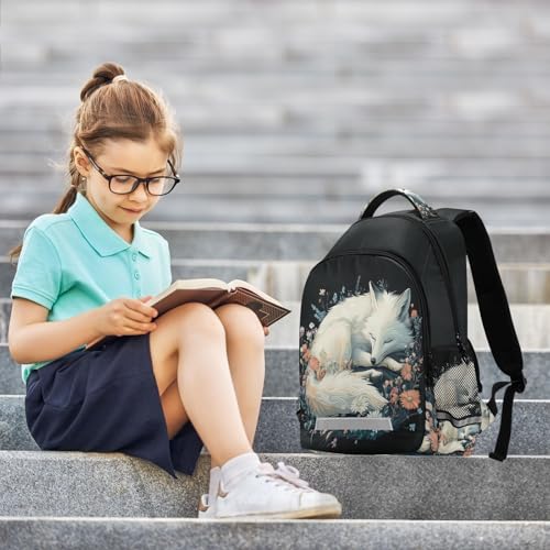 White Fox Colorful Flowers Backpack for Boys Girls Elementary School Bag Kids Travel Bags Casual Rucksack Laptop Bookbag4