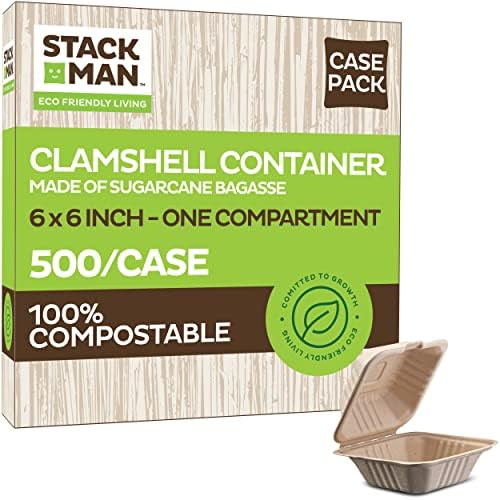 [Case - 500-Pack] 100% Compostable to Go Containers 6x6" Clamshell Take Out Food Container with Hinged Lid - Disposable Togo Plates - Biodegradable Eco-Friendly Takeout Box Made of Sugar Cane Bagasse