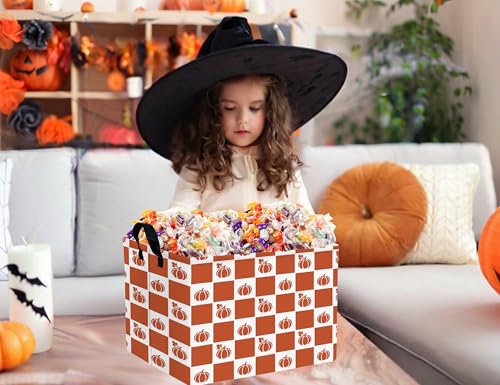 Image of Large Halloween Themed Candy Gift Boo Basket for Kids Baby Personalized Adults Storage Bin Fall Decor(Grid Pumpkin)