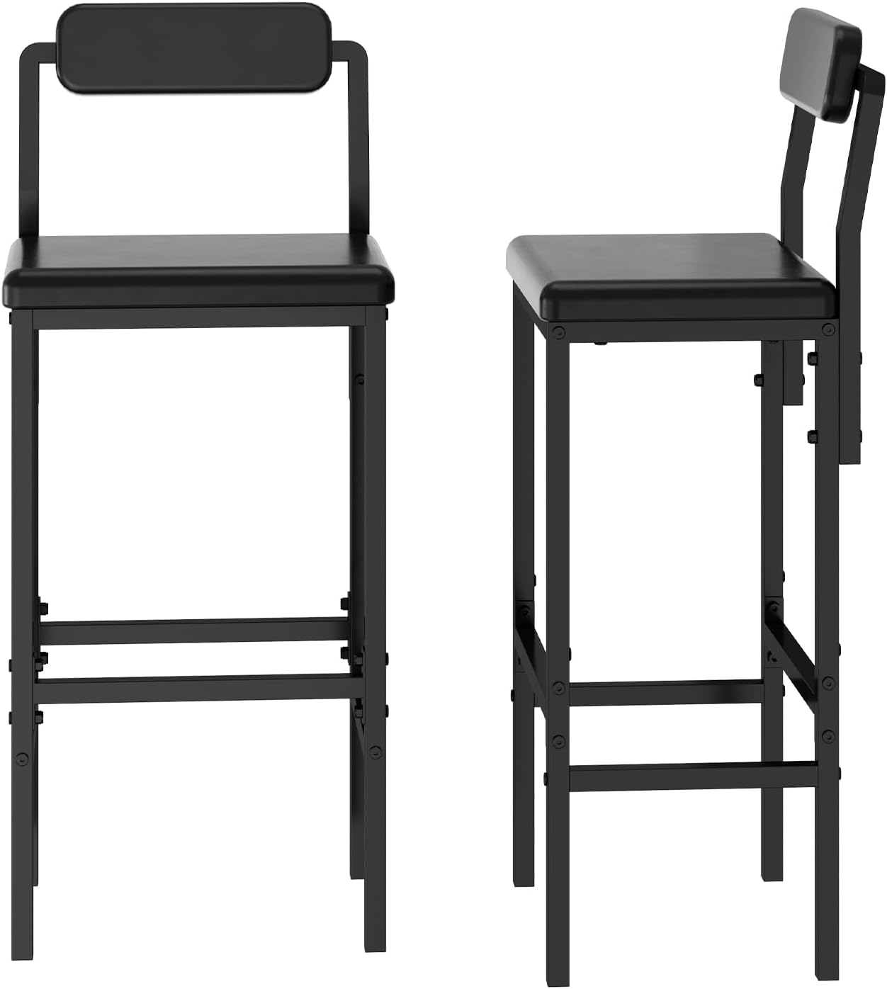 Set of 2 Bar Stools for Kitchen Island, Counter Height Bar Stools with Backs, Modern Black PU Leather Bar Chairs, Simple Industrial Style for Kitchen, Dining Room & Home Bar