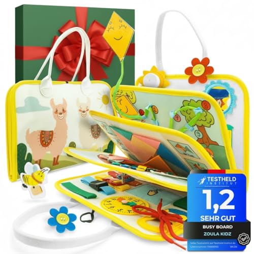 zoula kidz® Busy Board 3 Jahre - Activity Buch mit 8 Seiten - sicheres Montessori Buch für die Autofahrt und Activity Book zur Beschäftigung im Flugzeug & Reisespielzeug aus weichem Filz (Alpaka)