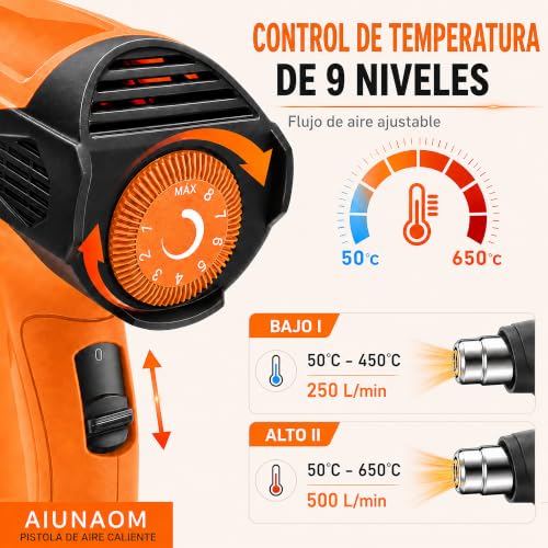 Miniatura 2 de Pistola De Aire Caliente Aiunaom 2000w Pistola De Calor Professional 9 Niveles De Temperatura Ajustables 50 -650 Decapadora Protección Contra Sobrecarga Para Soldar,Quitar Pintura Y Calentar