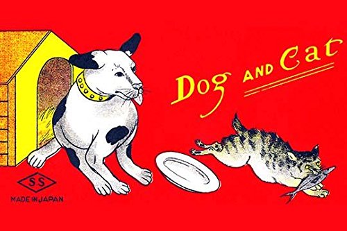 A cat snatches a fish from the plate of a hungry dog This graphic art is from an antique pre-war Japanese tin childrens toy Often the box art was much more enjoyable than the toy inside Poster Print