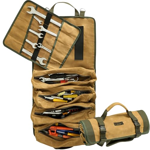 Canvas Tool Roll Bag, Multi-Purpose Tool Bag with 4 Pockets & 1 Detachable Tool Roll & 2 Adjustable Buckles | Khaki | 16OZ Waxed Canvas Roll Up Tool Bag - for Carpenter Mechanic Electrician