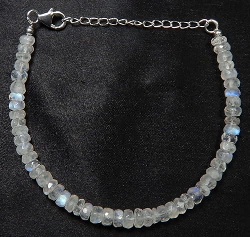Faceted Blue Fire/Blue Flashes Natural Rainbow Moonstone Beaded 6.5 inch Bracelet with Additional 2 inch 92.5 sterling silver extension. Bead Size Varies from 2mm to 5mm.2