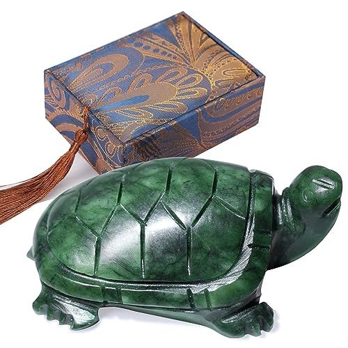 gemshan Green Natural Jade Turtle Hand Carved 3" Art Animal Figurine for Home office Decoration with Luck