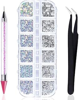 Flat Back AB Crystal Nail Art Rhinestones and Clear Crystal Rhinestones with Pick Up Tweezer and Rhinestone Picker Dotting Pen, Professional Nail Art Gems for Nail Salon (1500 PCS, 6 Sizes) (Pink)