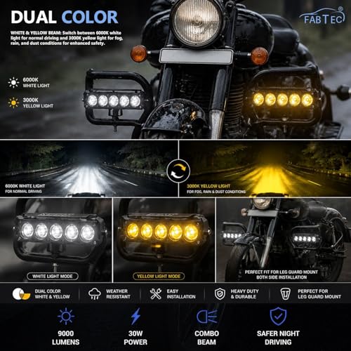 Image of FABTEC 5 Led Mini Drive Flasher Fog Light Lamp Projector Lens LED Spotlight Dual Color Led Light System for Motorcycle, Bikes & Scooters with On-Off Switch, 2 Wire Fog Light (12V, 30W)
