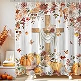Mocsicka Thanksgiving Shower Curtain for Bathroom God Be with You Autumn Floral Maple Leaf Shower Curtain for Fall Thanksgiving Bathroom Decor Waterproof Fabric Bath Curtain, 72 X 72 Inch