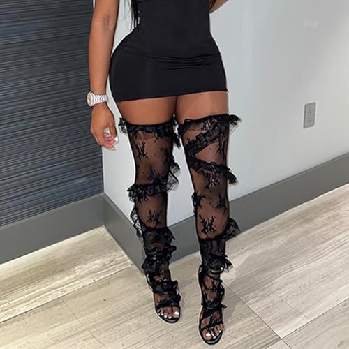 Image of Womens Aesthetic Sheer Flower Lace Thigh High Stockings Sweet Twill Ruffle Trim Patchwork Loose Over Knee Long Socks