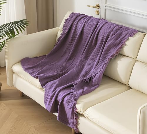 KyraHome 100% Organic Cotton Throw Blanket 60"x80" Large Muslin Blanket for Couch,Pre-Washed Plant Dyed, Breathable Lightweight Gauze Summer Blanket, All Season (Lavender Purple)
